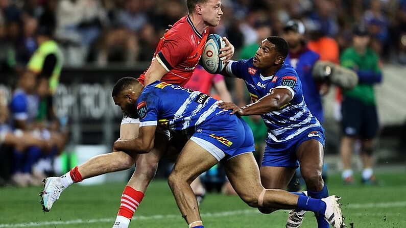 15 April 2023; Mike Haley of Munster is tackled during the United Rugby Championship match between DHL Stormers and Munster at DHL Stadium in Cape Town, South Africa. Photo by Carl Fourie/Sportsfile