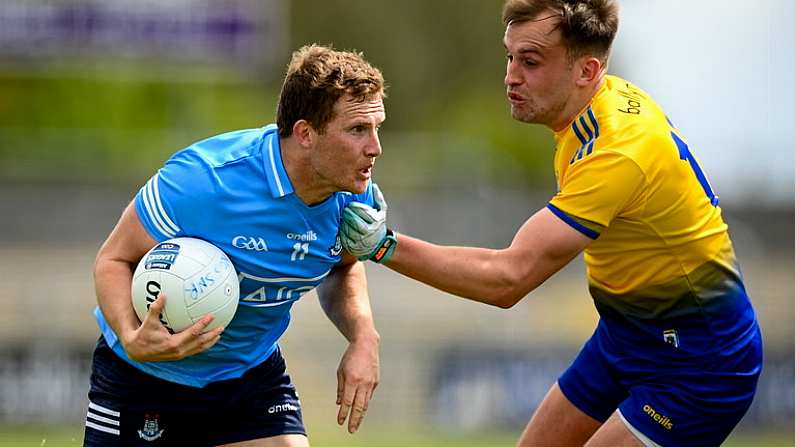 16 May 2021; Ciaran Kilkenny of Dublin in action against Enda Smith of Roscommon during the Allianz Football League Division 1 South Round 1 match between Roscommon and Dublin at Dr Hyde Park in Roscommon. Photo by Stephen McCarthy/Sportsfile