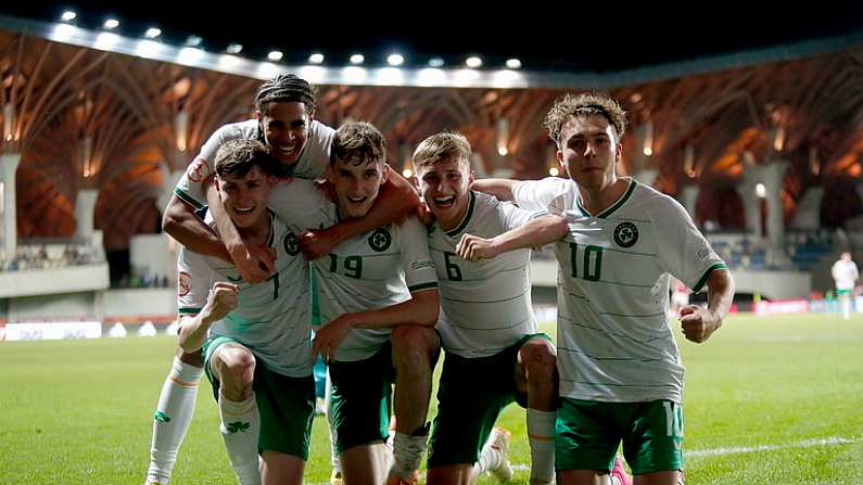 23 May 2023; Luke Kehir of Republic of Ireland, left, celebrates with teammates, from left to right, Daniel Babb, Mason Melia, Daniel McGrath and Najemedine Razi after scoring his side's fourth goal during the UEFA European U17 Championship Final Tournament match between Hungary and Republic of Ireland at Pancho Arena in Felcsut, Hungary. Photo by David Balogh/Sportsfile