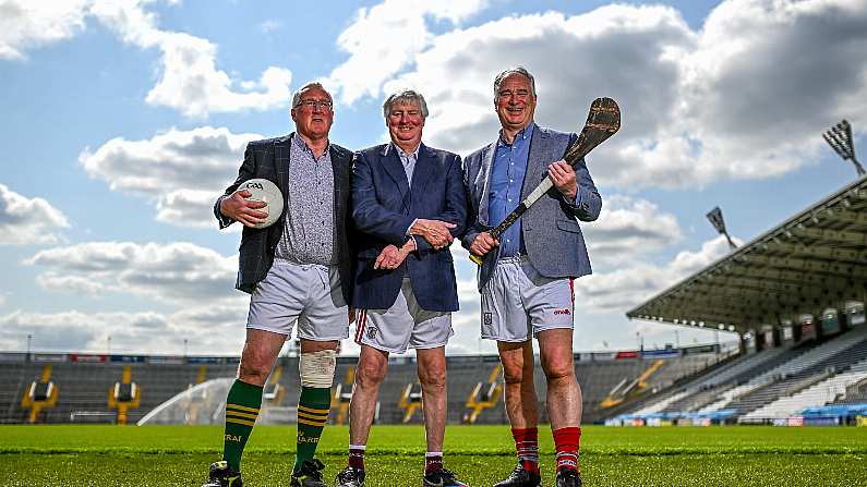 16 May 2023; Michael Lyster and guests former Kerry footballer Pat Spillane and former Cork hurler Tomas Mulcahy at Pairc Ui Chaoimh in Cork. Photo by Eoin Noonan/Sportsfile *** NO REPRODUCTION FEE ***