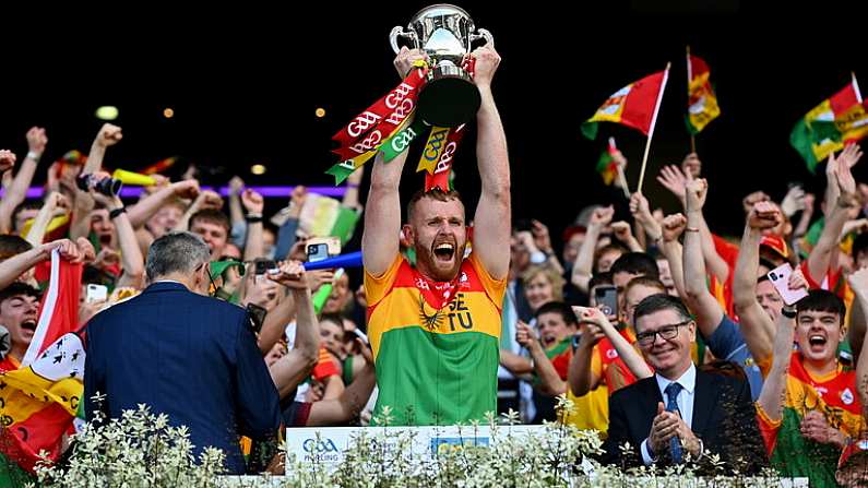 27 May 2023; Paul Doyle of Carlow lifts the cup after the Joe McDonagh Cup Final match between Carlow and Offaly at Croke Park in Dublin. Photo by Tyler Miller/Sportsfile