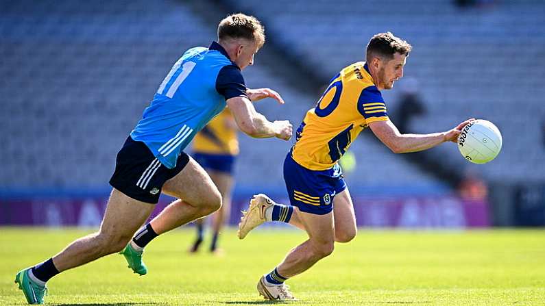 28 May 2023; Ciarain Murtagh of Roscommon in action against Sean Bugler of Dublin during the GAA Football All-Ireland Senior Championship Round 1 match between Dublin and Roscommon at Croke Park in Dublin. Photo by Ramsey Cardy/Sportsfile