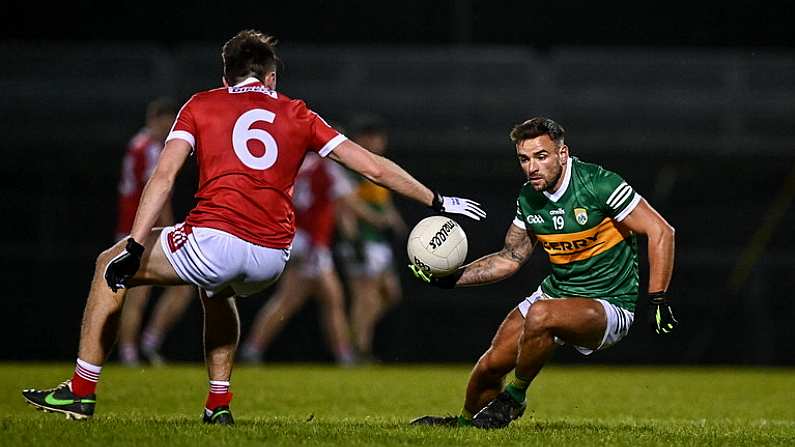 4 January 2023; Michael Burns of Kerry in action against Sean Meehan of Cork during the McGrath Cup Group A match between Cork and Kerry at Pairc Ui Rinn in Cork. Photo by Eoin Noonan/Sportsfile