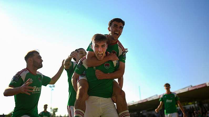 5 June 2023; Matt Healy of Cork City celebrates after scoring his side's first goal during the SSE Airtricity Men's Premier Division match between Cork City and Bohemians at Turner's Cross in Cork. Photo by Eoin Noonan/Sportsfile