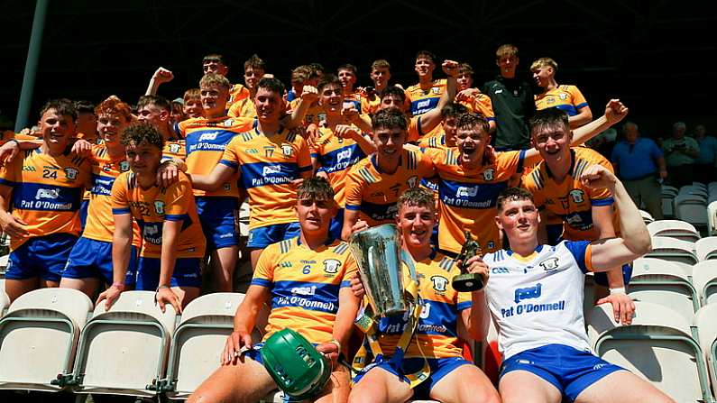 4 June 2023; Clare players celebrate after the Electric Ireland GAA Hurling All-Ireland Minor Championship Final match between Clare and Galway at FBD Semple Stadium in Thurles, Tipperary. Photo by Michael P Ryan/Sportsfile