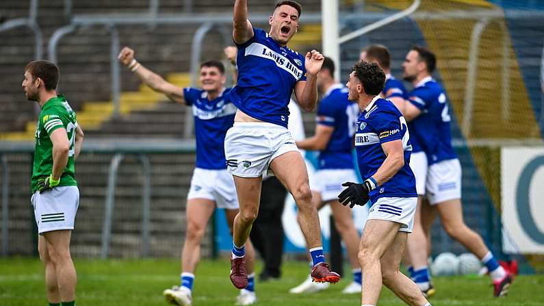 10 June 2023; Patrick O'Sullivan of Laois celebrates at the final whistle after the Tailteann Cup Preliminary Quarter Final match between Fermanagh and Laois at Brewster Park in Enniskillen, Fermanagh. Photo by David Fitzgerald/Sportsfile