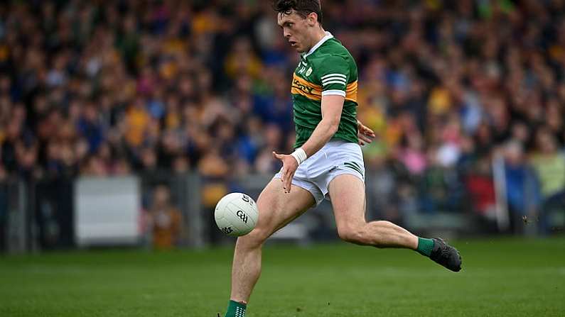 7 May 2023; David Clifford of Kerry shoots to score his side's third goal during the Munster GAA Football Senior Championship Final match between Kerry and Clare at LIT Gaelic Grounds in Limerick. Photo by David Fitzgerald/Sportsfile