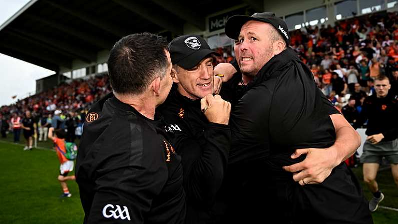 18 June 2023; Armagh manager Kieran McGeeney, centre, and selector Ciaran McKeever, right, after their side's victory in the GAA Football All-Ireland Senior Championship Round 3 match between Galway and Armagh at Avant Money Pairc Sean Mac Diarmada in Carrick-on-Shannon, Leitrim. Photo by Harry Murphy/Sportsfile