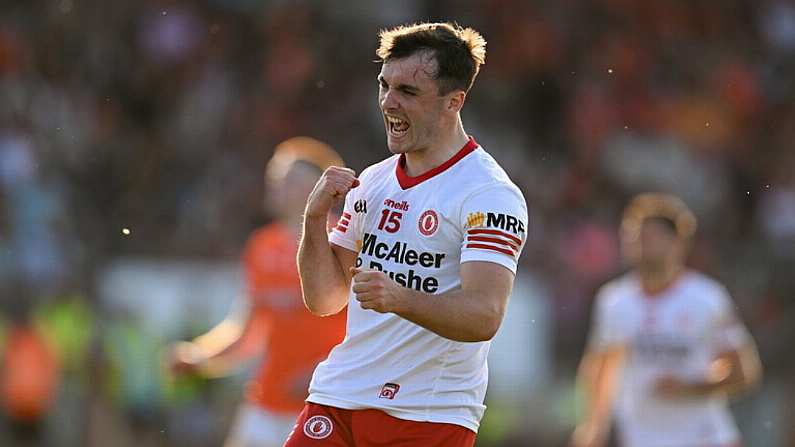 3 June 2023; Darragh Canavan of Tyrone celebrates kicking a late point during the GAA Football All-Ireland Senior Championship Round 2 match between Tyrone and Armagh at O'Neill's Healy Park in Omagh, Tyrone. Photo by Brendan Moran/Sportsfile