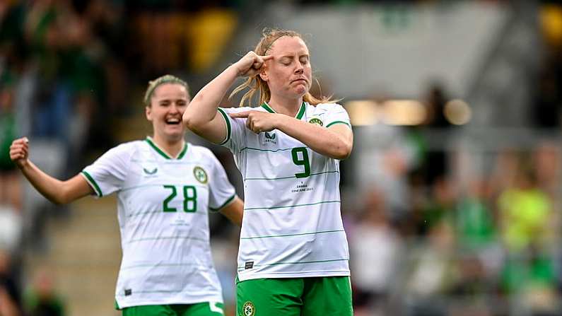 22 June 2023; Amber Barrett of Republic of Ireland celebrates after scoring her side's first goal during the women's international friendly match between Republic of Ireland and Zambia at Tallaght Stadium in Dublin. Photo by Stephen McCarthy/Sportsfile