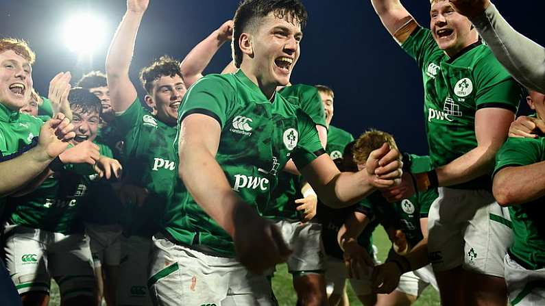 19 March 2023; Gus McCarthy of Ireland, centre, and team mates celebrate after the U20 Six Nations Rugby Championship match between Ireland and England at Musgrave Park in Cork. Photo by David Fitzgerald/Sportsfile