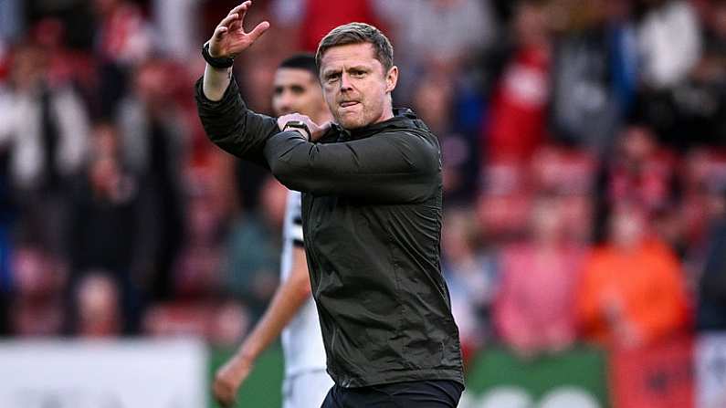 23 June 2023; Shelbourne manager Damien Duff signals to the St Patrick's Athletic supporters after his side's defeat in the SSE Airtricity Men's Premier Division match between St Patrick's Athletic and Shelbourne at Richmond Park in Dublin. Photo by Harry Murphy/Sportsfile