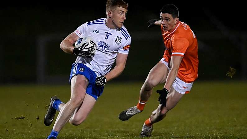 28 January 2023; Kieran Duffy of Monaghan in action against Rory Grugan of Armagh during the Allianz Football League Division 1 match between Monaghan and Armagh at St Mary's Park in Castleblayney, Monaghan. Photo by Ramsey Cardy/Sportsfile