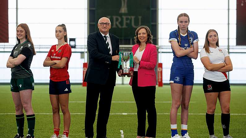 REPRO FREE***PRESS RELEASE NO REPRODUCTION FEE*** EDITORIAL USE ONLY 2023 Vodafone Women's Interprovincial Rugby Championship Launch, IRFU High Performance Facility, Blanchardstown, Dublin 3/8/2023 Connacht U18's Siofra Hession, Munster U18's Niamh Crotty, IRFU President Greg Barrett, PwC Partner Doone O'Doherty, Leinster U18's Rebecca Brennan and Ulster U18's Ruby Starrett  Mandatory Credit INPHO/Ben Brady