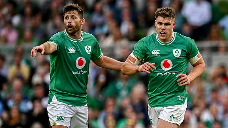 19 August 2023; Ross Byrne and Garry Ringrose of Ireland during the Bank of Ireland Nations Series match between Ireland and England at the Aviva Stadium in Dublin. Photo by Harry Murphy/Sportsfile