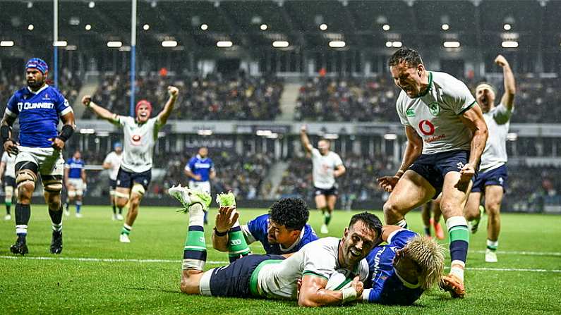 26 August 2023; Conor Murray of Ireland goes over to score his side's second try during the Rugby World Cup warm-up match between Ireland and Samoa at Parc des Sports Jean Dauger in Bayonne, France. Photo by Harry Murphy/Sportsfile