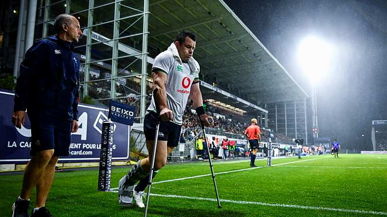 26 August 2023; Cian Healy of Ireland after sustaining an injury during the Rugby World Cup warm-up match between Ireland and Samoa at Parc des Sports Jean Dauger in Bayonne, France. Photo by Harry Murphy/Sportsfile