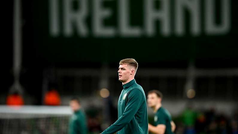 22 March 2023; Evan Ferguson of Republic of Ireland before the international friendly match between Republic of Ireland and Latvia at the Aviva Stadium in Dublin. Photo by Seb Daly/Sportsfile