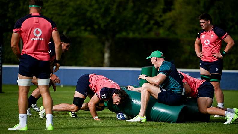 6 September 2023; Caelan Doris with forwards coach Paul O'Connell during an Ireland rugby squad training session at Complexe de la Chambrerie in Tours, France. Photo by Brendan Moran/Sportsfile