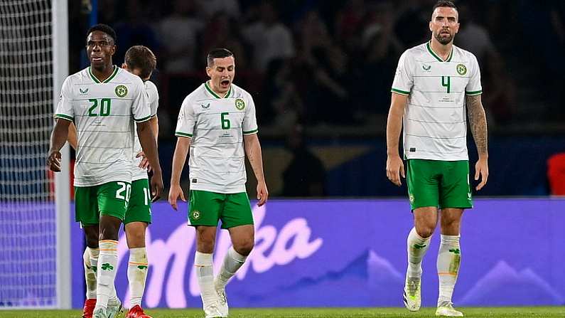 7 September 2023; Shane Duffy of Republic of Ireland after his side conceded a second goal, scored by Marcus Thuram of France, not pictured, during the UEFA EURO 2024 Championship qualifying group B match between France and Republic of Ireland at Parc des Princes in Paris, France. Photo by Seb Daly/Sportsfile