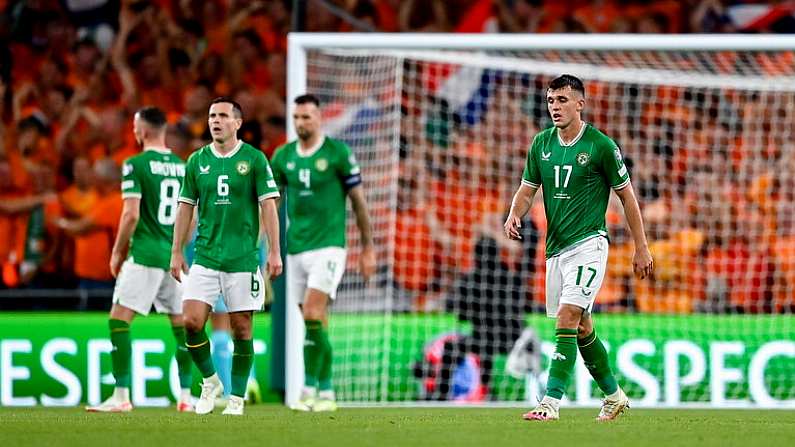 10 September 2023; Jason Knight of Republic of Ireland after his side conceded a second goal during the UEFA EURO 2024 Championship qualifying group B match between Republic of Ireland and Netherlands at the Aviva Stadium in Dublin. Photo by Seb Daly/Sportsfile