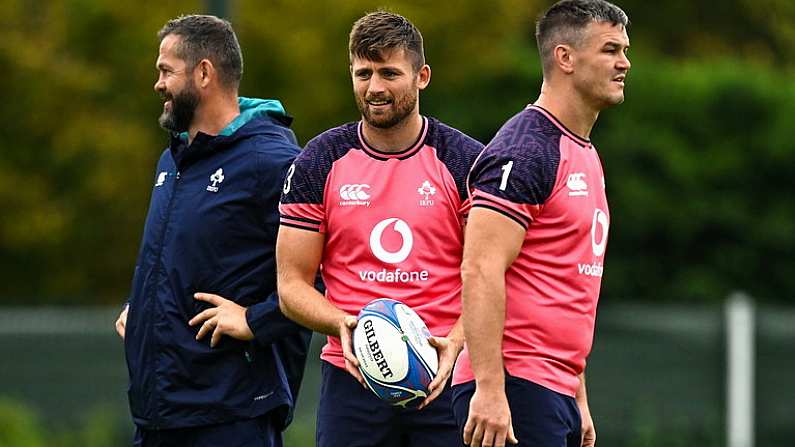 12 September 2023; Ross Byrne, centre, with head coach Andy Farrell, left, and Jonathan Sexton during an Ireland rugby squad training session at Complexe de la Chambrerie in Tours, France. Photo by Brendan Moran/Sportsfile