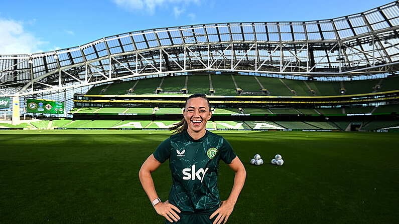 22 September 2023; Katie McCabe poses for a portrait after a Republic of Ireland women press conference at the Aviva Stadium in Dublin. Photo by Stephen McCarthy/Sportsfile