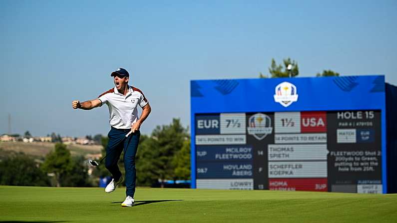 30 September 2023; Rory McIlroy of Europe celebrates a putt on the 15th hole during the morning foursomes on day two of the 2023 Ryder Cup at Marco Simone Golf and Country Club in Rome, Italy. Photo by Ramsey Cardy/Sportsfile