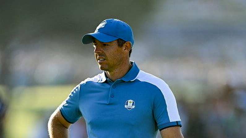 29 September 2023; Rory McIlroy of Europe during the morning foursomes matches on day one of the 2023 Ryder Cup at Marco Simone Golf and Country Club in Rome, Italy. Photo by Brendan Moran/Sportsfile