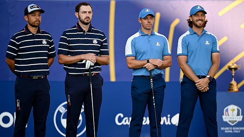 29 September 2023; The pairings of Xander Schauffele and Patrick Cantlay of USA, left, and Rory McIlroy and Tommy Fleetwood of Europe on the first tee box during the morning foursomes matches on day one of the 2023 Ryder Cup at Marco Simone Golf and Country Club in Rome, Italy. Photo by Brendan Moran/Sportsfile