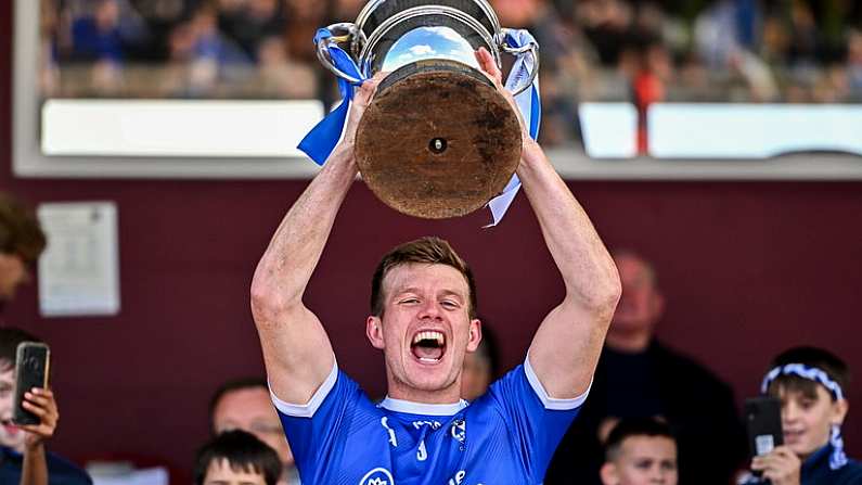 1 October 2023; St Loman's captain John Heslin lifts the Shay Murtagh Cup after the Westmeath County Senior Club Football Championship final match between St Loman's and Coralstown-Kinnegad at TEG Cusack Park in Mullingar, Westmeath. Photo by Ben McShane/Sportsfile