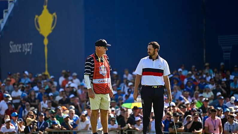 30 September 2023; Patrick Cantlay of USA with his caddie Joe LaCava on the seventh green during the afternoon fourball matches on day two of the 2023 Ryder Cup at Marco Simone Golf and Country Club in Rome, Italy. Photo by Brendan Moran/Sportsfile