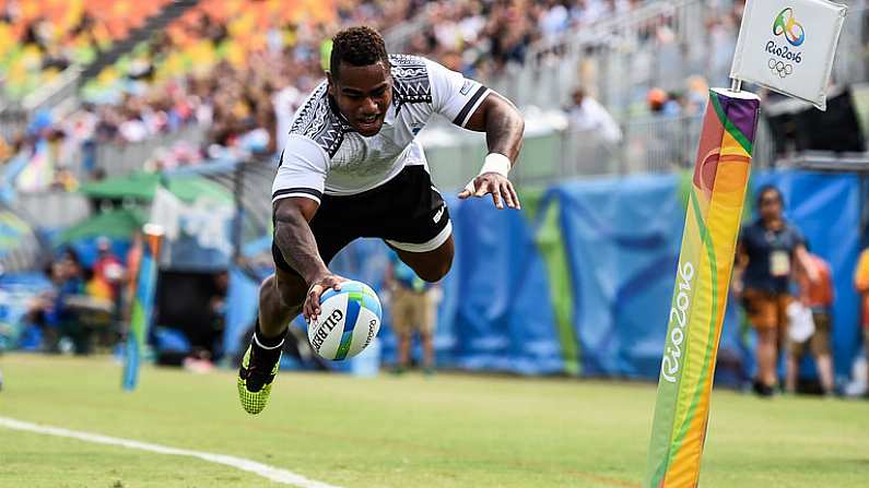 11 August 2016; Josua Tuisova of Fiji goes over to score his side's second try during the Men's Rugby Sevens semi-final match between Fiji and Japan during the 2016 Rio Summer Olympic Games at Deodoro Stadium in Rio de Janeiro, Brazil. Photo by Stephen McCarthy/Sportsfile