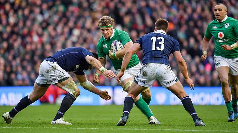 4 February 2017; Jamie Heaslip of Ireland is tackled by Alex Dunbar, left, and Huw Jones of Scotland during the RBS Six Nations Rugby Championship match between Scotland and Ireland at BT Murrayfield Stadium in Edinburgh, Scotland. Photo by Brendan Moran/Sportsfile