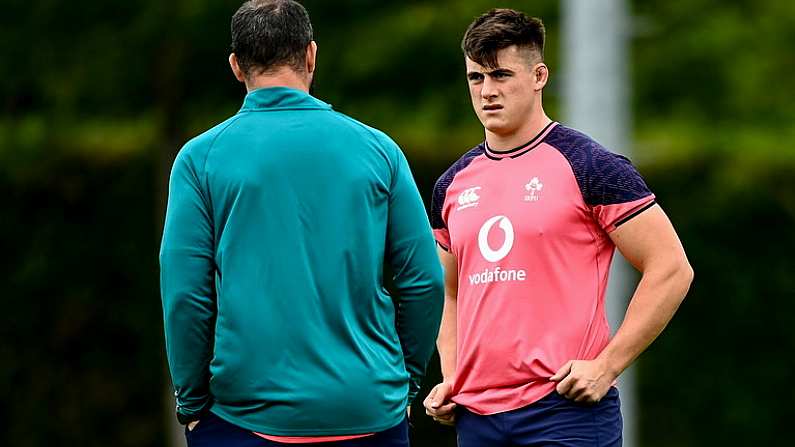 29 September 2023; Dan Sheehan talks to head coach Andy Farrell during an Ireland rugby squad training session at Complexe de la Chambrerie in Tours, France. Photo by Harry Murphy/Sportsfile