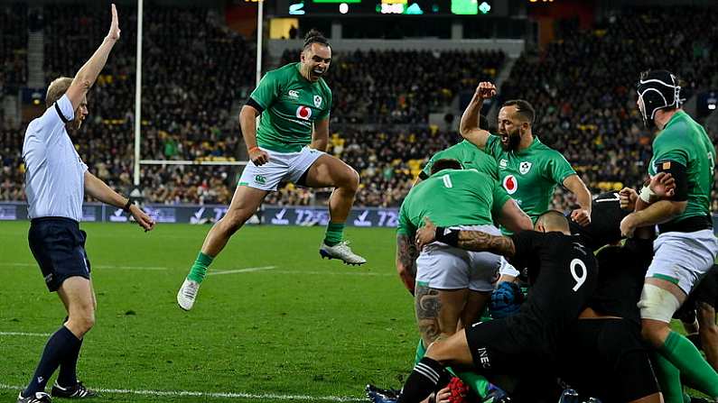 16 July 2022; James Lowe of Ireland celebrates his side's first try, scored by teammate Josh van der Flier, not pictured, during the Steinlager Series match between the New Zealand and Ireland at Sky Stadium in Wellington, New Zealand. Photo by Brendan Moran/Sportsfile