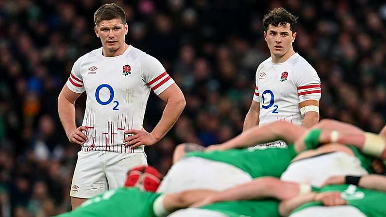 18 March 2023; Owen Farrell, left, and Henry Arundell of England during the Guinness Six Nations Rugby Championship match between Ireland and England at Aviva Stadium in Dublin. Photo by Ramsey Cardy/Sportsfile