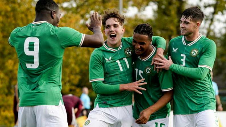 13 October 2023; Armstrong Okoflex of Republic of Ireland, centre, celebrates with team-mates Tony Springett, left, and James Furlong, right, after scoring his side's second goal during the UEFA European U21 Championship qualifying group A match between Latvia and Republic of Ireland at the Zemgales Olympic Centre in Jelgava, Latvia. Photo by Roman Koksarov/Sportsfile