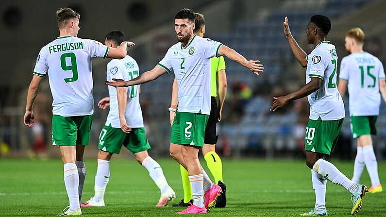 16 October 2023; Matt Doherty of Republic of Ireland, centre, is congratulated by teammates Evan Ferguson, left, and Chiedozie Ogbene after scoring their side's third goal during the UEFA EURO 2024 Championship qualifying group B match between Gibraltar and Republic of Ireland at Estadio Algarve in Faro, Portugal. Photo by Seb Daly/Sportsfile