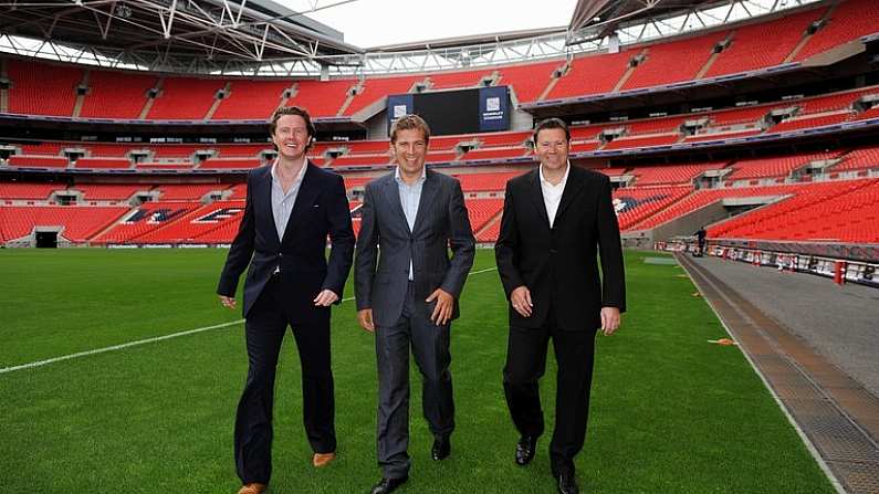 6 August 2008; The Setanta presenting team, including, from left, Steve McManaman, Angus Scott, and Chris Waddle, pictured at the launch of the Irish sports broadcasters new Barclays Premier League season at Wembley Stadium, London. Setanta Sports will broadcast 79 games exclusively live this season as well as the Community Shield and action from the FA Cup. The 2008/09 Premier League season kicks off this Saturday on Setanta with Middlesbrough v Tottenham at 3.00pm followed by Sunderland v Liverpool at 5.30pm. Both games will be broadcast on Setanta Sports 1. Setantas range of football steps up a gear this season with exclusively live coverage of the Republic of Irelands Away friendly against Norway on August 20th. Picture credit: Stephen McCarthy / SPORTSFILE