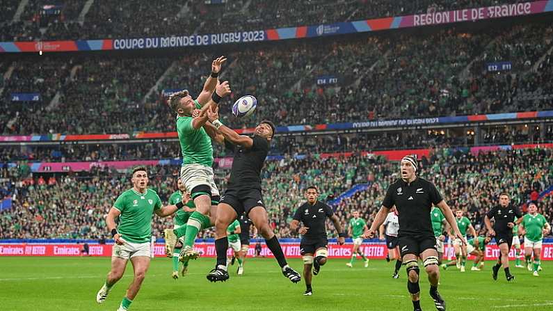 14 October 2023; Peter OMahony of Ireland and Richie Mo'unga of New Zealand attempt to catch a kick during the 2023 Rugby World Cup quarter-final match between Ireland and New Zealand at the Stade de France in Paris, France. Photo by Ramsey Cardy/Sportsfile