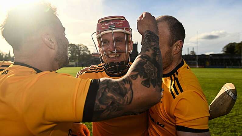 22 October 2023; John Conlon of Clonlara, centre, celebrates with team-mates after the Clare County Senior Club Hurling Championship final between Clonlara and Crusheen at Cusack Park in Ennis, Clare. Photo by Eoin Noonan/Sportsfile