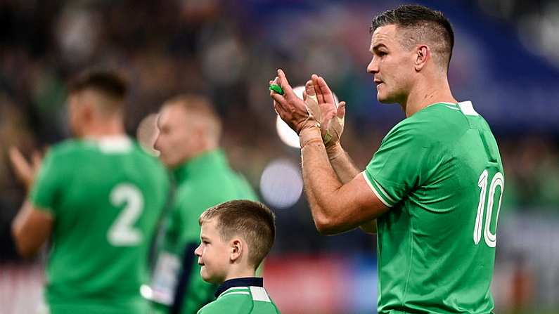 14 October 2023; Jonathan Sexton of Ireland with his son Luca after his side's defeat in the 2023 Rugby World Cup quarter-final match between Ireland and New Zealand at the Stade de France in Paris, France. Photo by Harry Murphy/Sportsfile