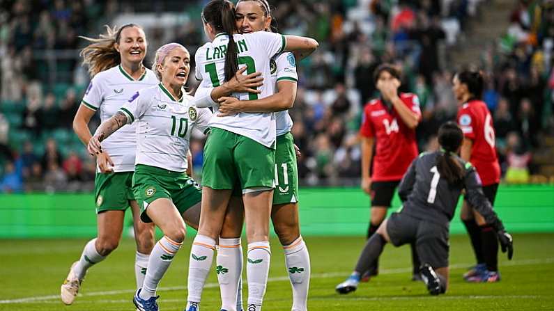 27 October 2023; Katie McCabe of Republic of Ireland is congratulated by Abbie Larkin after scoring their side's first goal during the UEFA Women's Nations League B match between Republic of Ireland and Albania at Tallaght Stadium in Dublin. Photo by David Fitzgerald/Sportsfile