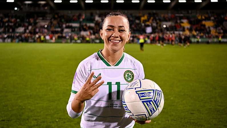 27 October 2023; Katie McCabe of Republic of Ireland with the match ball after scoring a hat-trick in the UEFA omen's Nations League B match between Republic of Ireland and Albania at Tallaght Stadium in Dublin. Photo by Stephen McCarthy/Sportsfile