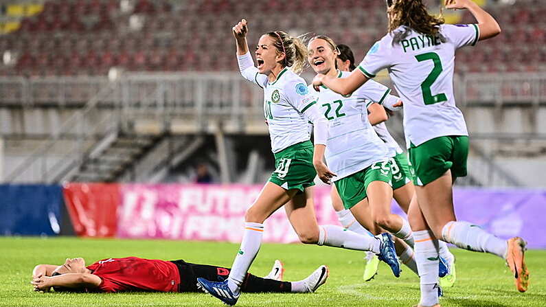 31 October 2023; Denise O'Sullivan of Republic of Ireland, left, celebrates after scoring her side's first goal during the UEFA Women's Nations League B match between Albania and Republic of Ireland at Loro Borici Stadium in Shkoder, Albania. Photo by Stephen McCarthy/Sportsfile