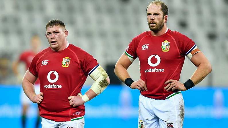 7 August 2021; Tadhg Furlong, left, and Alun Wyn Jones of British and Irish Lions during the third test of the British and Irish Lions tour match between South Africa and British and Irish Lions at Cape Town Stadium in Cape Town, South Africa. Photo by Ashley Vlotman/Sportsfile