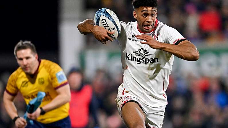 1 January 2023; Robert Baloucoune of Ulster during the United Rugby Championship between Ulster and Munster at Kingspan Stadium in Belfast. Photo by Ramsey Cardy/Sportsfile