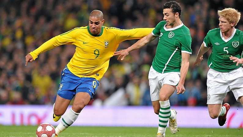 2 March 2010; Adriano, Brazil, in action against Stephen Kelly, Republic of Ireland. International Friendly, Republic of Ireland v Brazil, Emirates Stadium, London, England. Picture credit: David Maher / SPORTSFILE