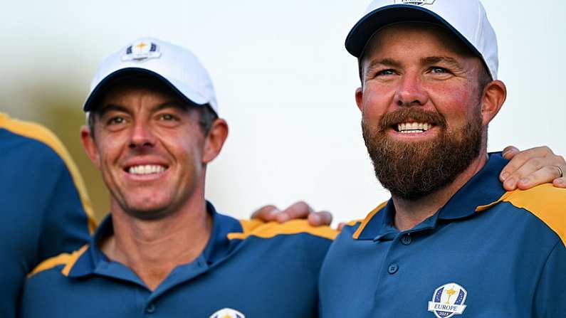 1 October 2023; Shane Lowry of Europe, right, and teammate Rory McIlroy, celebrate after the final day of the 2023 Ryder Cup at Marco Simone Golf and Country Club in Rome, Italy. Photo by Brendan Moran/Sportsfile